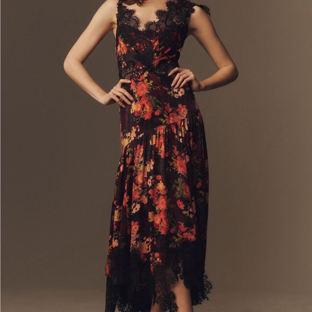 Anthropologie (BHLDN) Evelyn Black Floral Asymmetrical Midi Dress with Lace Trim